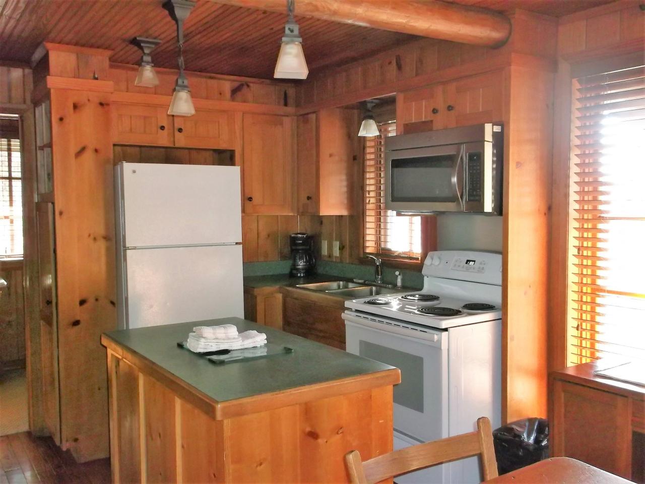 A view of the kitchen area including fridge, oven, microwave, double sink, kitchen island and dining area